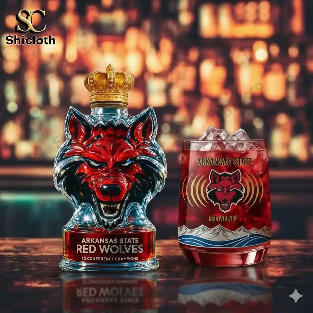 Alt text Arkansas State Red Wolves wolf head whiskey bottle with matching logo glass on a bar counter!