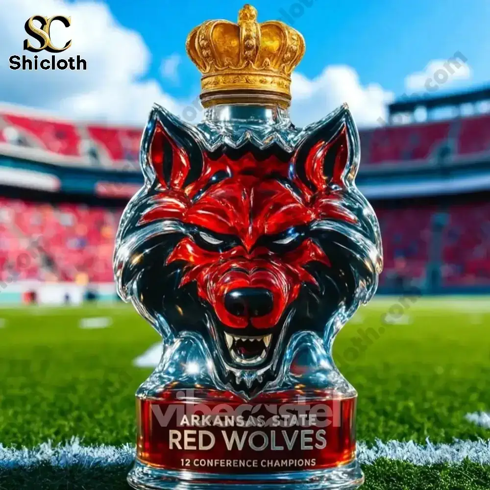 Alt text Arkansas State Red Wolves wolf head whiskey bottle with crown displayed on a football field!