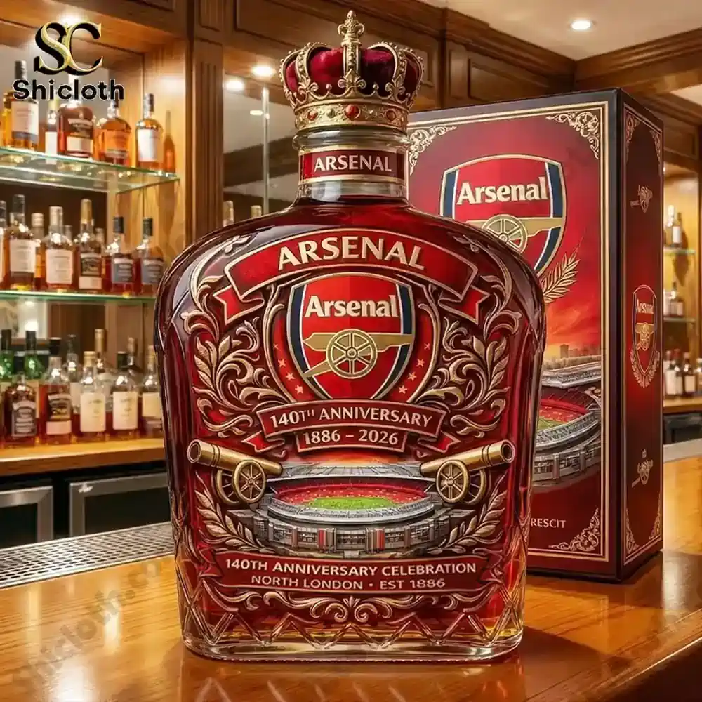 Arsenal 140th Anniversary Whiskey Bottle And Glass Combo Set 3 Arsenal anniversary whiskey bottle with display box!