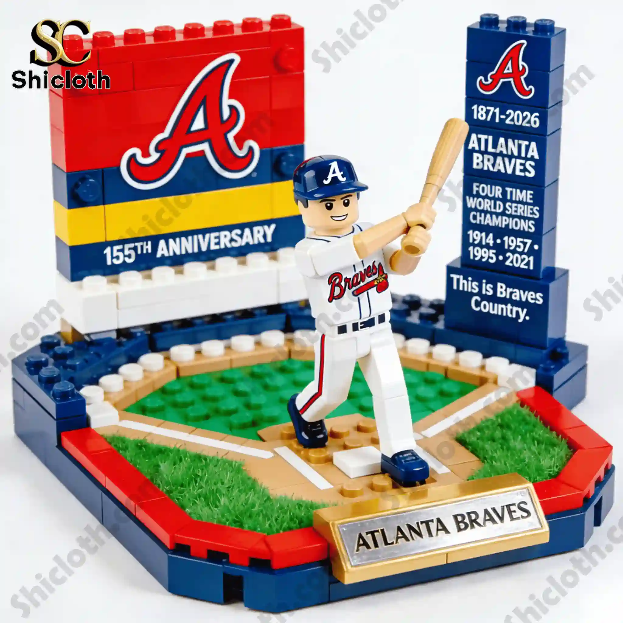 Atlanta Braves 155th anniversary brick baseball display with player figure and logo sign.