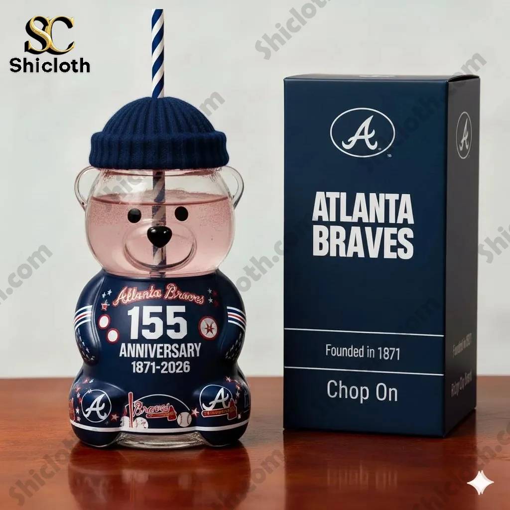 Atlanta Braves 155th anniversary bear shaped tumbler displayed beside its branded gift box.