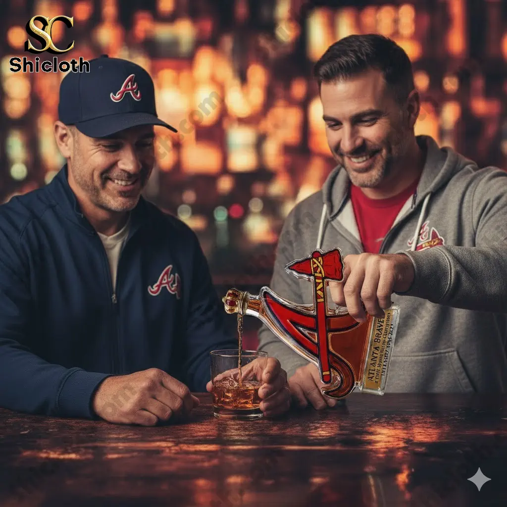 Two men in Atlanta Braves apparel pouring whiskey from a logo shaped bottle at a bar.
