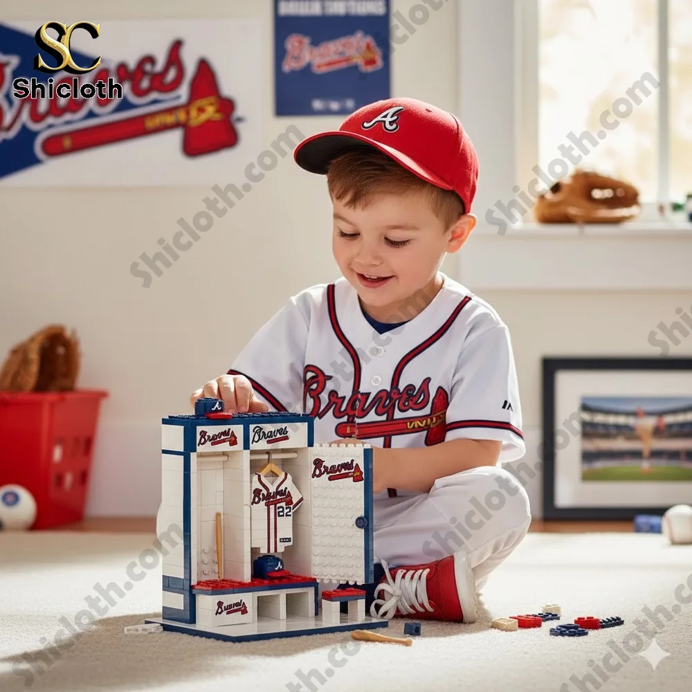 Child playing with Atlanta Braves baseball locker toy set!