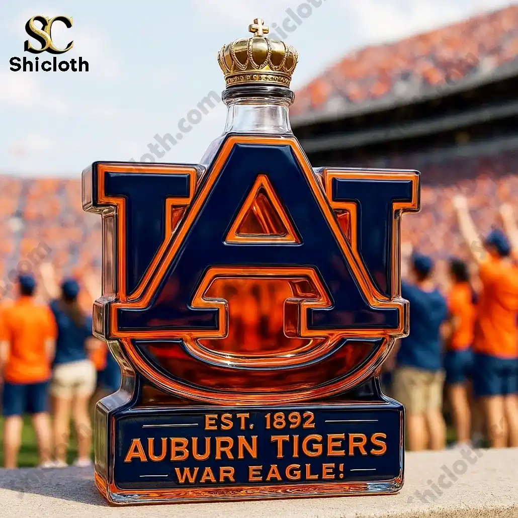 Shicloth Auburn Tigers AU logo liquor bottle with crown cap at stadium