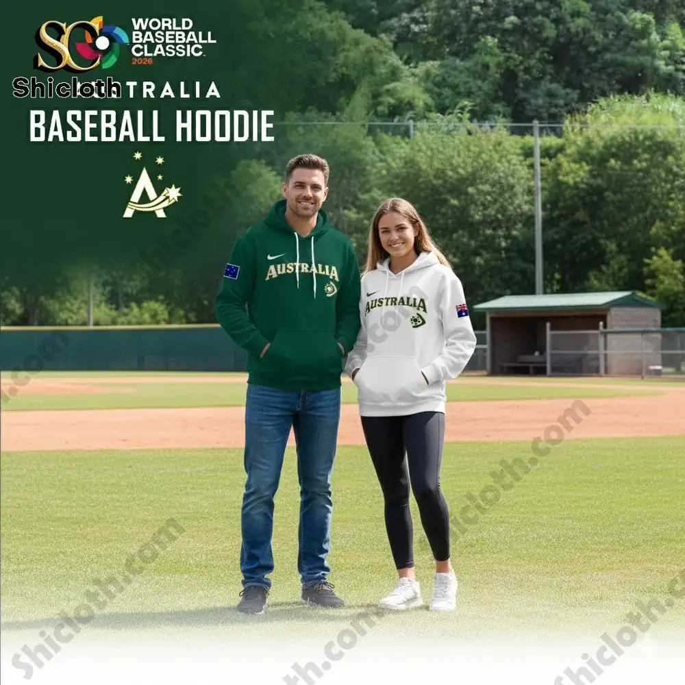 Two models wearing Australia baseball hoodies standing on a baseball field!