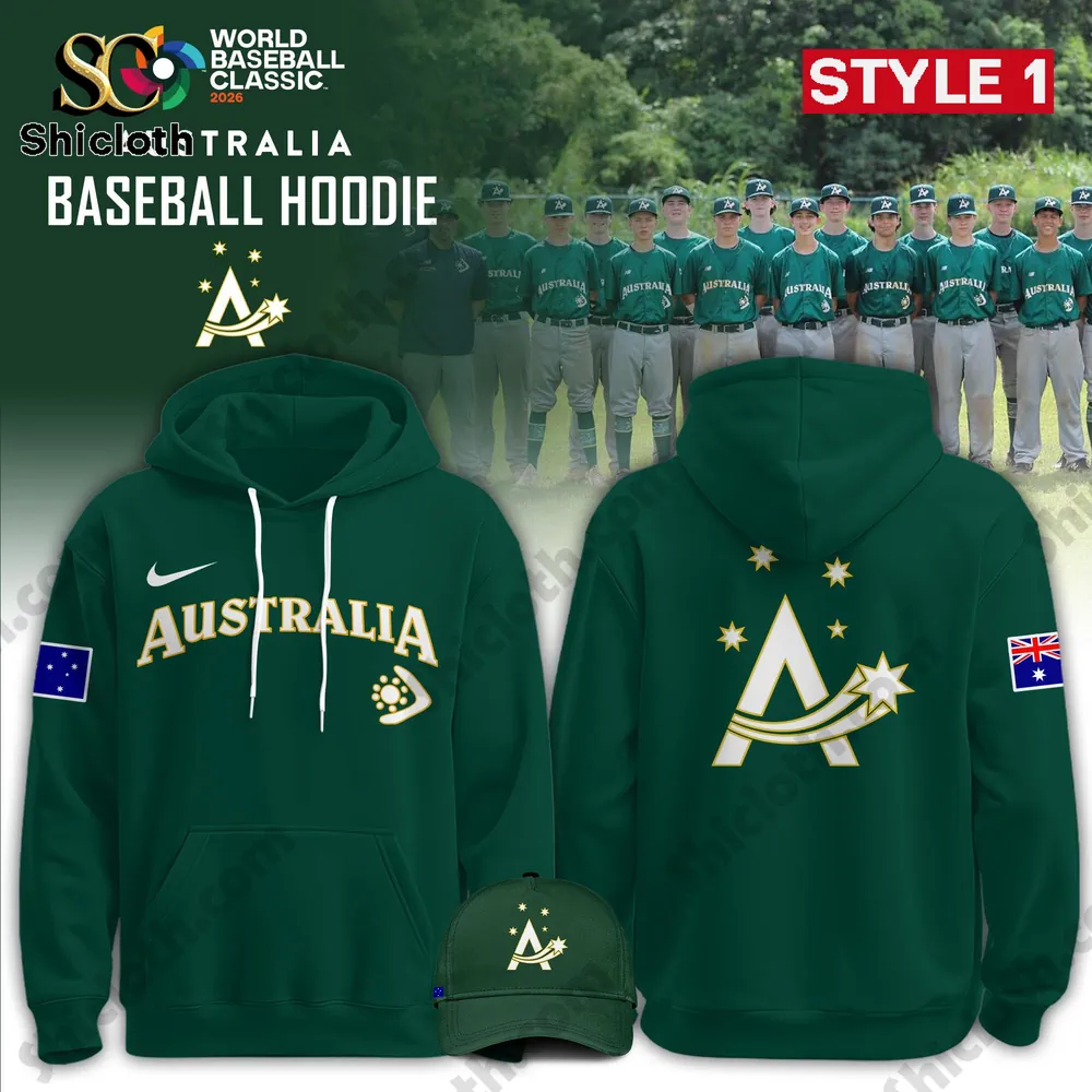 Front and back view of green Australia baseball hoodie with matching cap!
