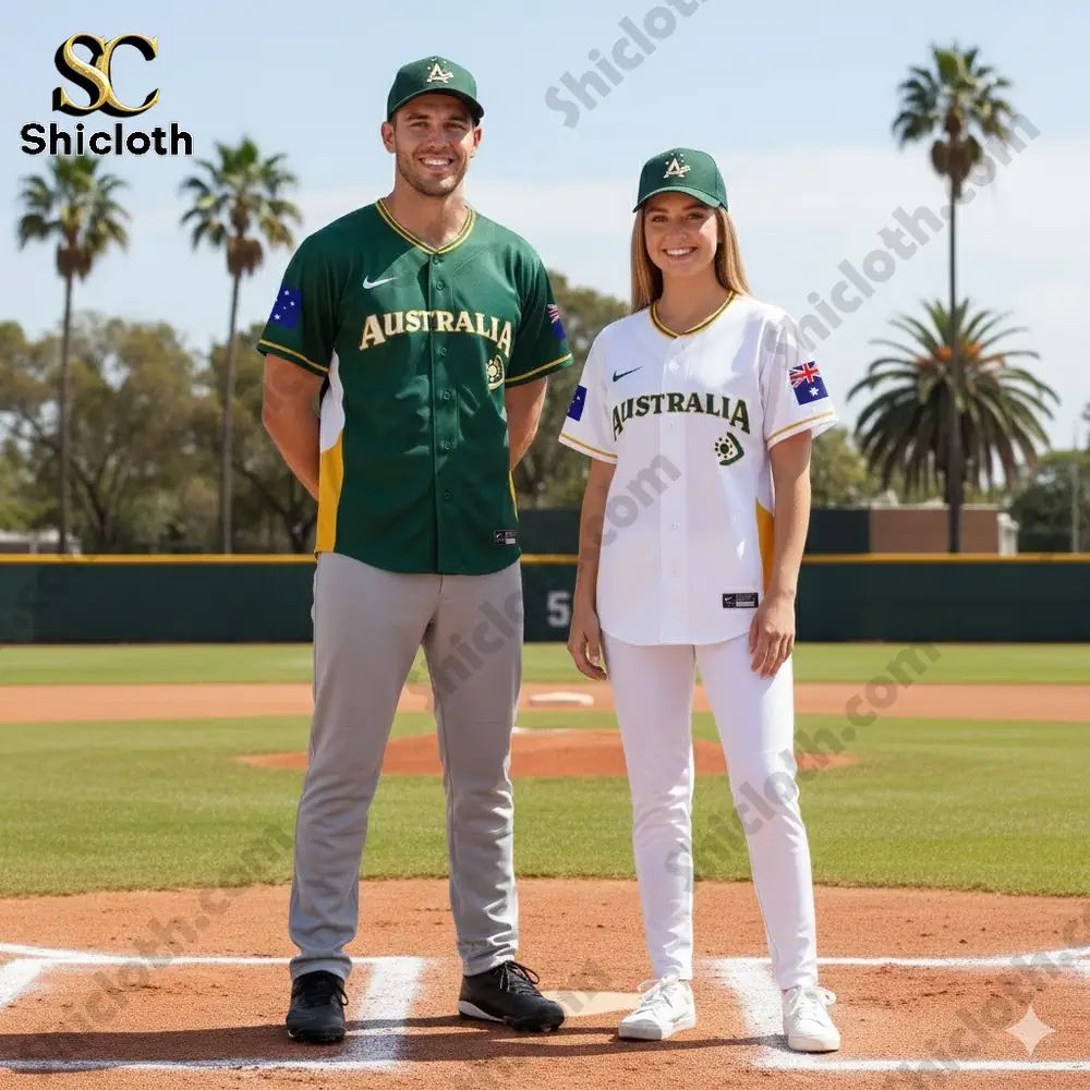 Two people wearing Australia baseball uniforms standing on a baseball field.