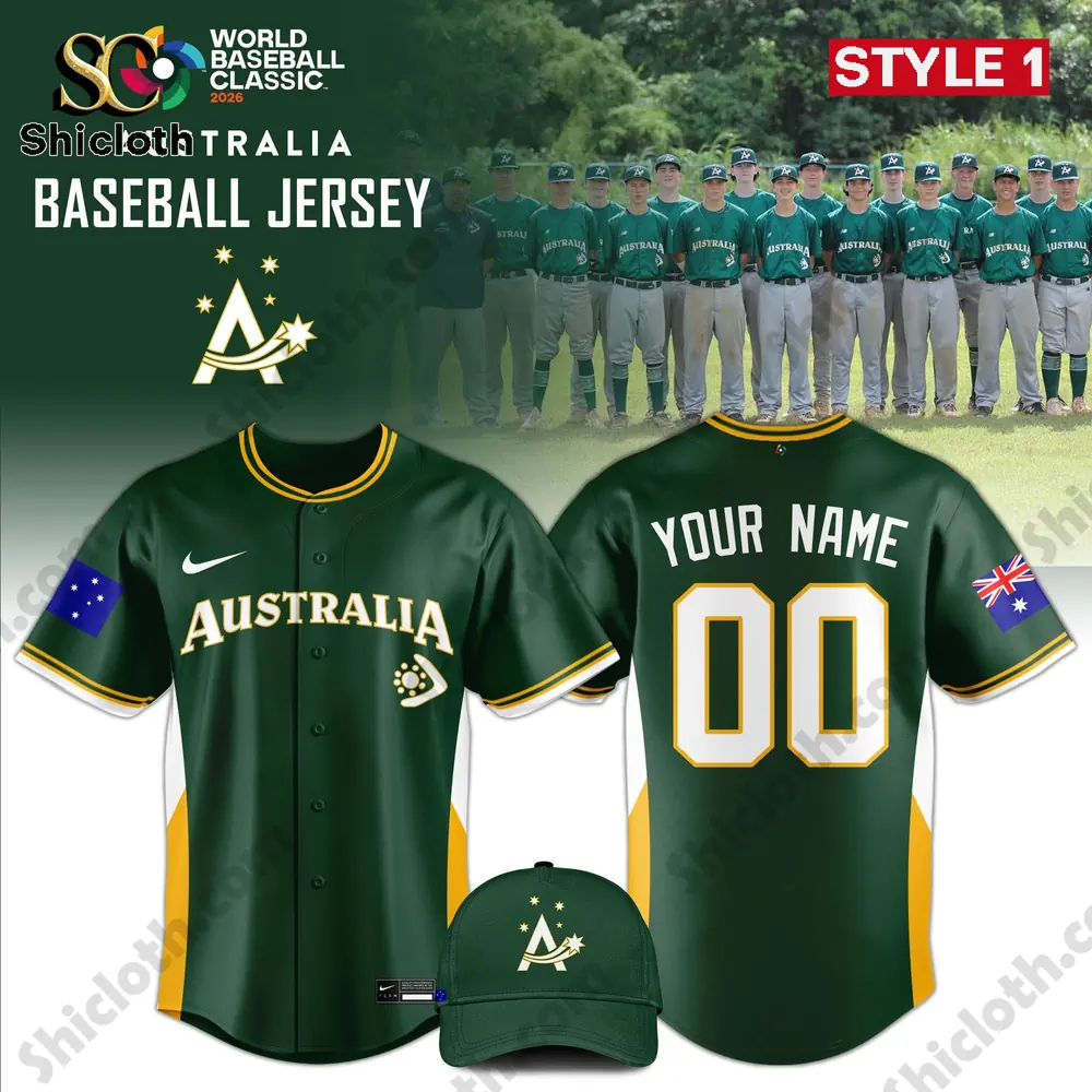 Australia green baseball jersey front and back design with matching cap.