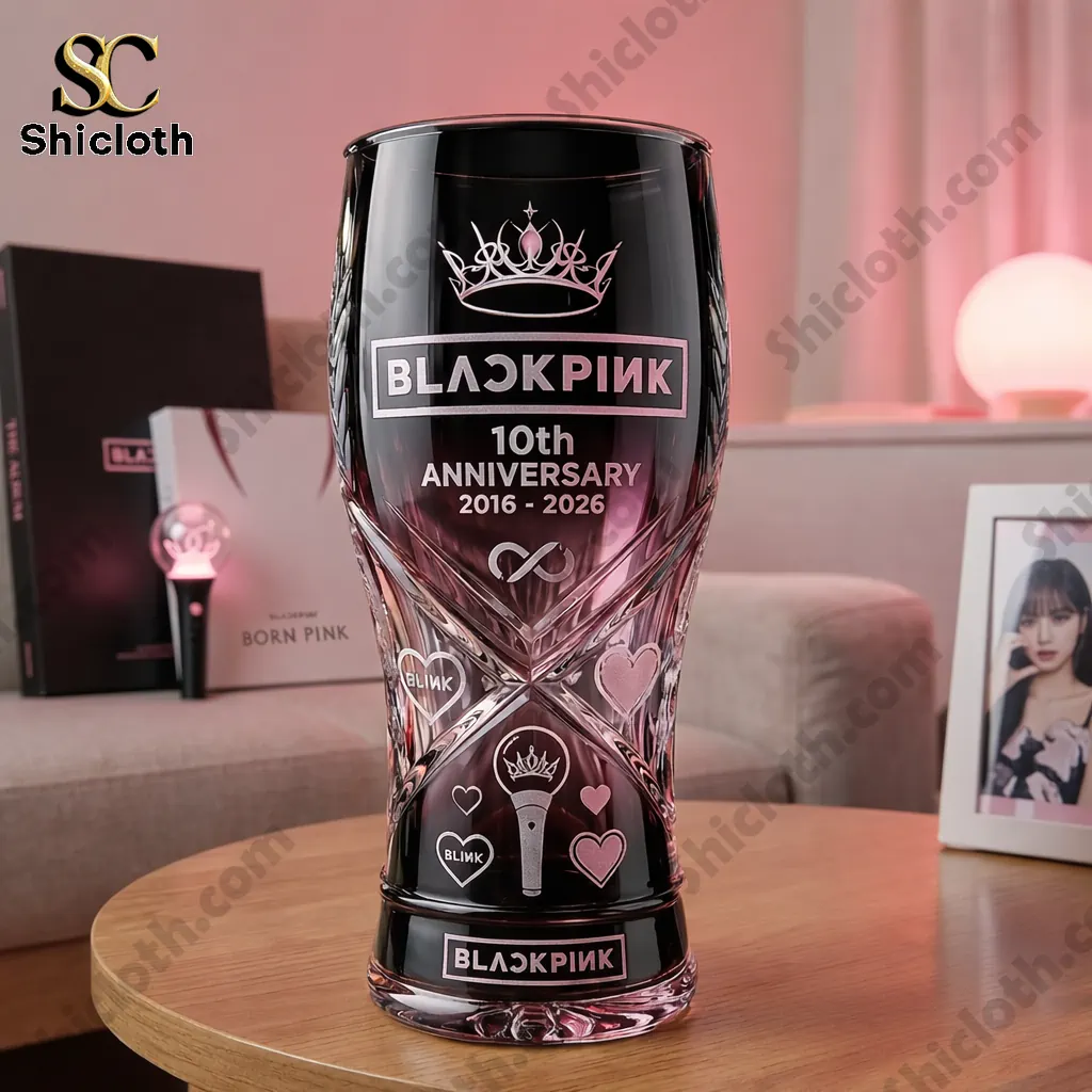 BLACKPINK 10th Anniversary Commemorative Beer Glass 3 BLACKPINK 10th Anniversary beer glass on a table in a decorated fan themed room