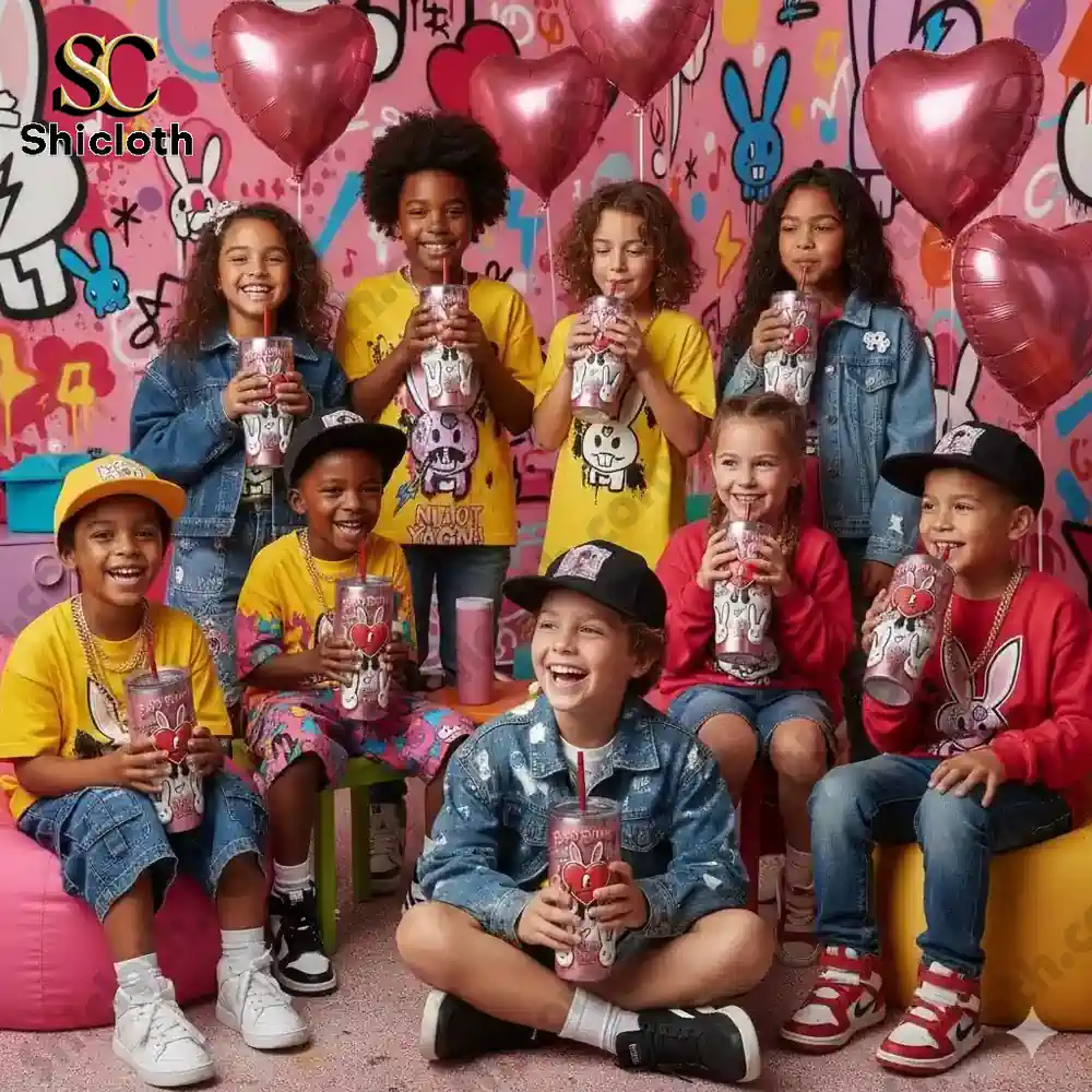 Kids holding colorful bunny heart tumblers at a party!