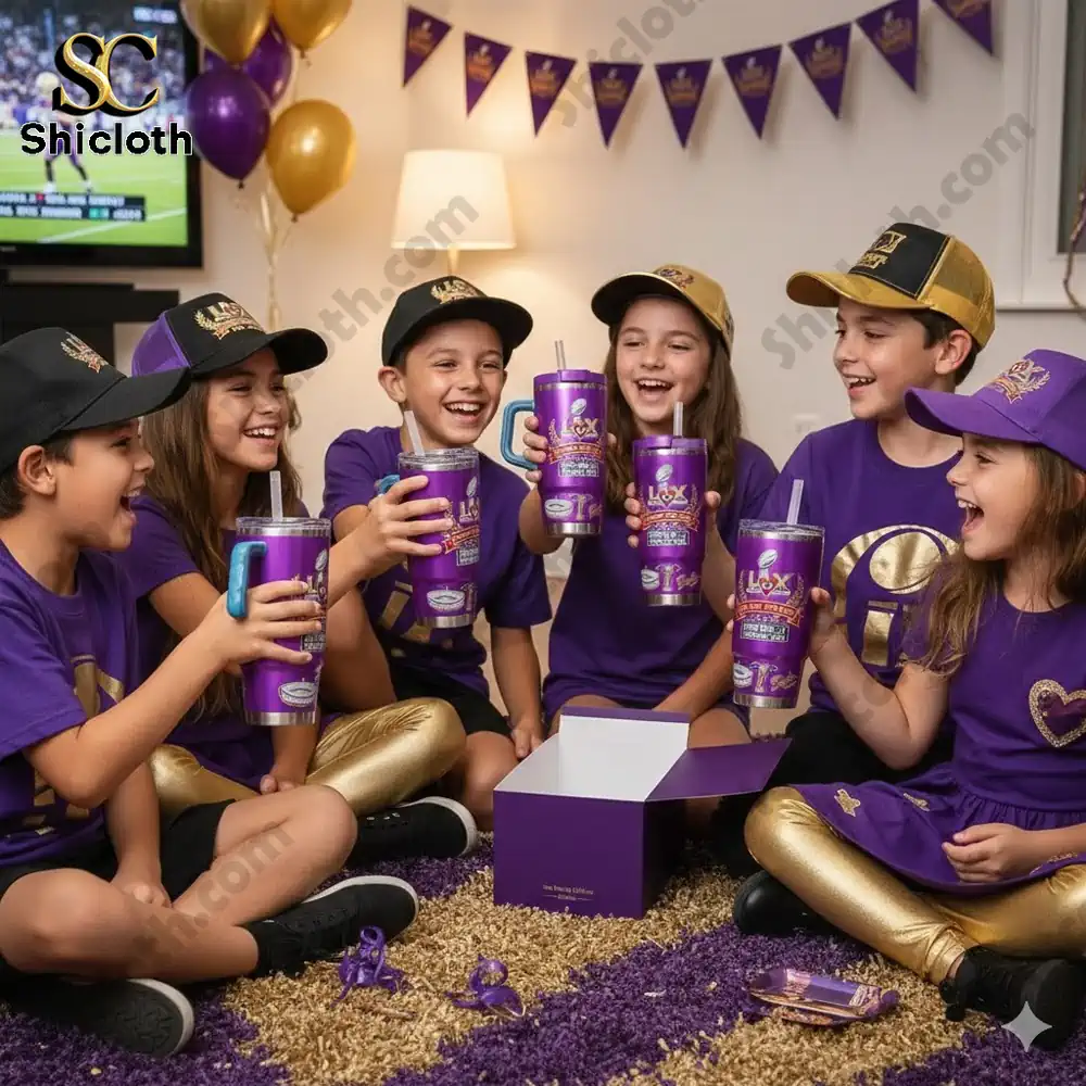 Children celebrating with purple collectible tumblers at a themed party!