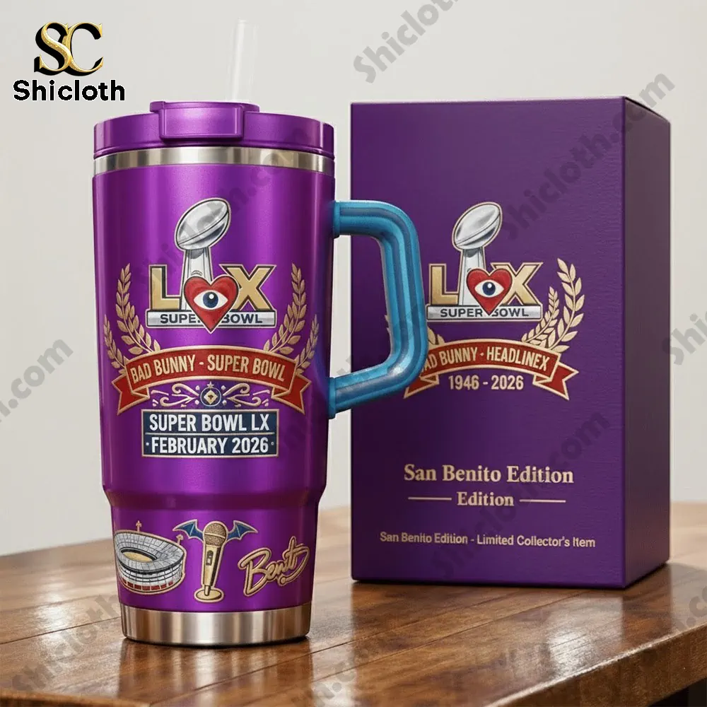 Bad Bunny Super Bowl Lx Limited Edition Stanley Tumbler 2026 3 Purple collector tumbler and box on a clean background!