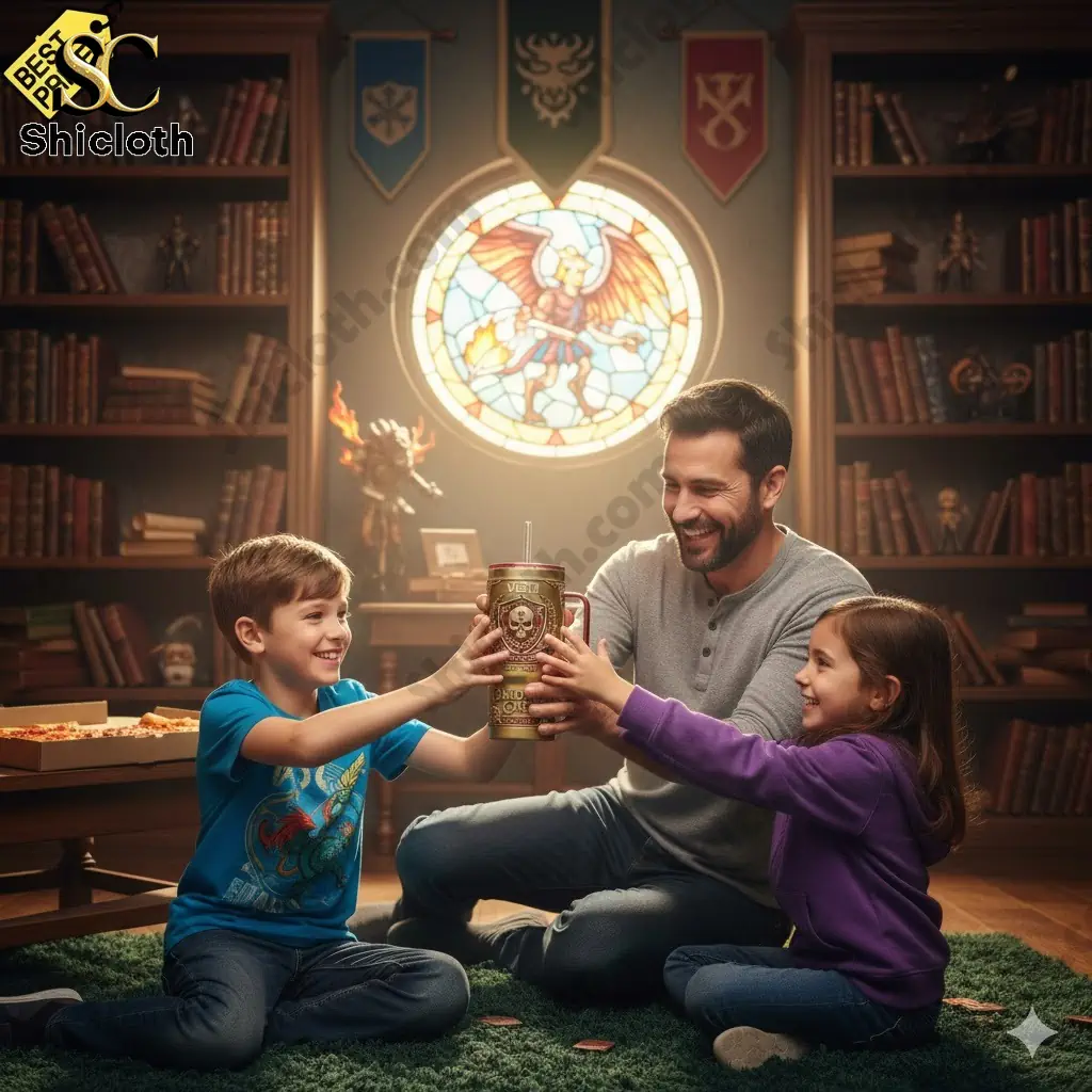 Father and two children holding a Baldurs Gate anniversary tumbler in a fantasy themed room