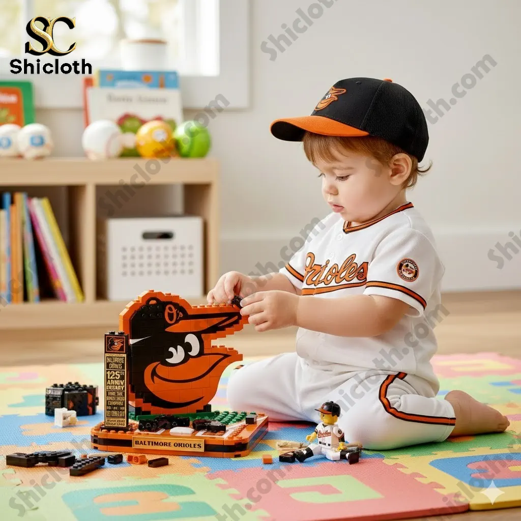 Toddler wearing Baltimore Orioles outfit playing with brick baseball display set!