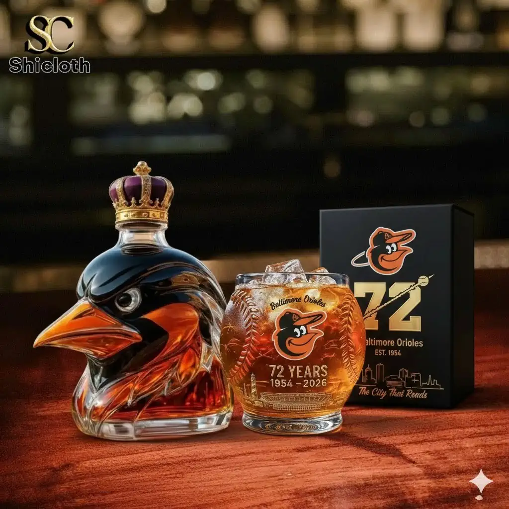 Baltimore Orioles bird shaped whiskey bottle with crown beside engraved glass!