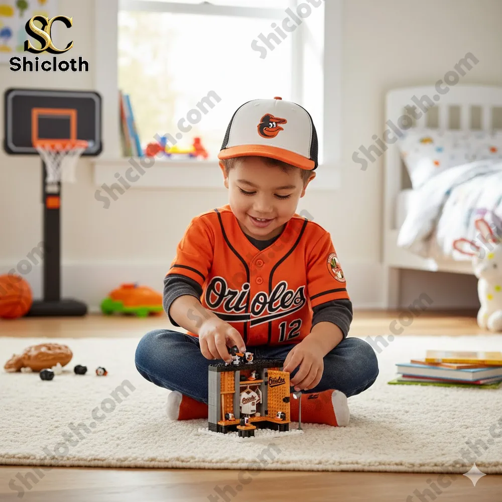 A child playing with an Orioles themed building toy set at home!