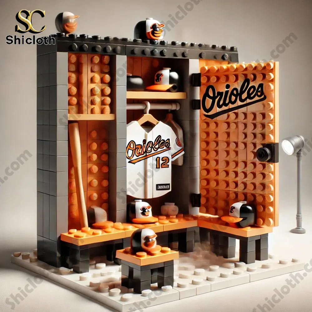 An Orioles themed building toy locker with jersey and accessories!