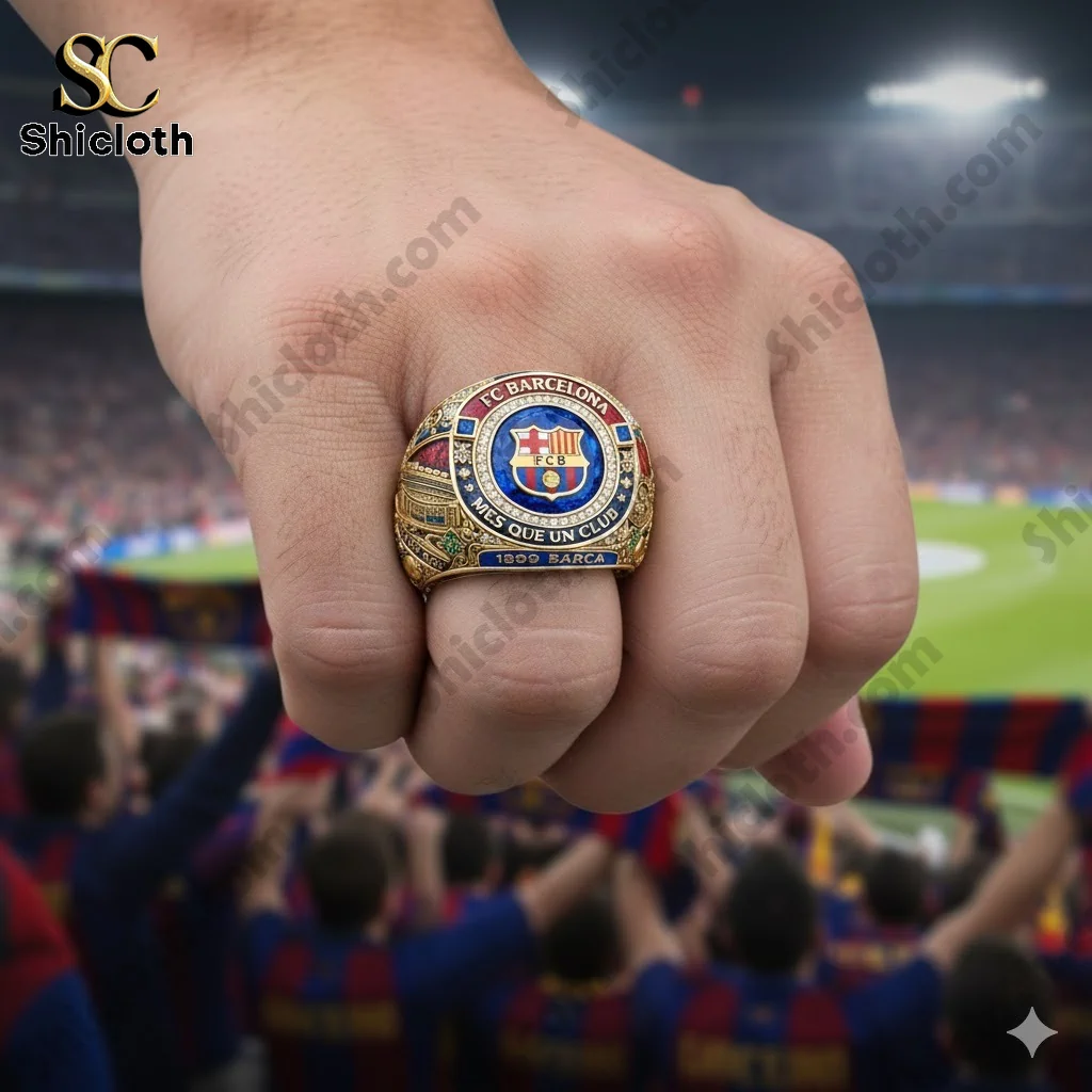 Gold Barcelona championship ring worn on hand in stadium crowd background!