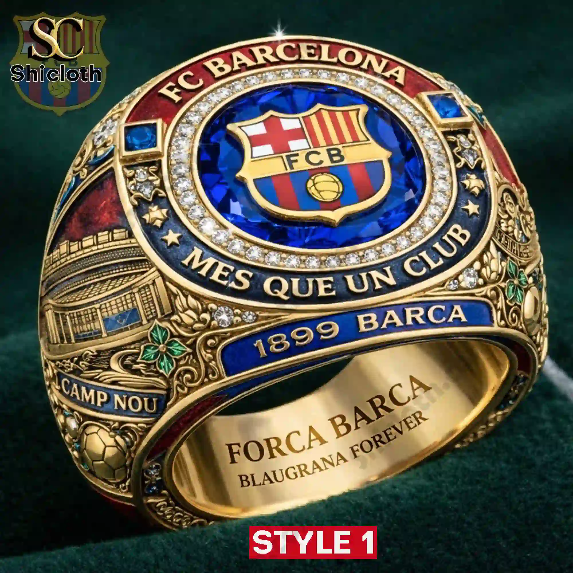 Close up gold Barcelona Style 1 ring with blue center stone!