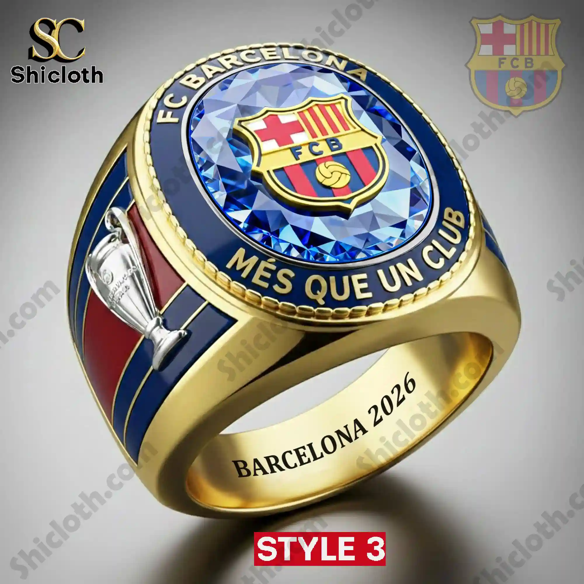 Barcelona FC Est 1899 Championship Custom Rings 4 Gold Barcelona Style 3 ring with crystal blue background!