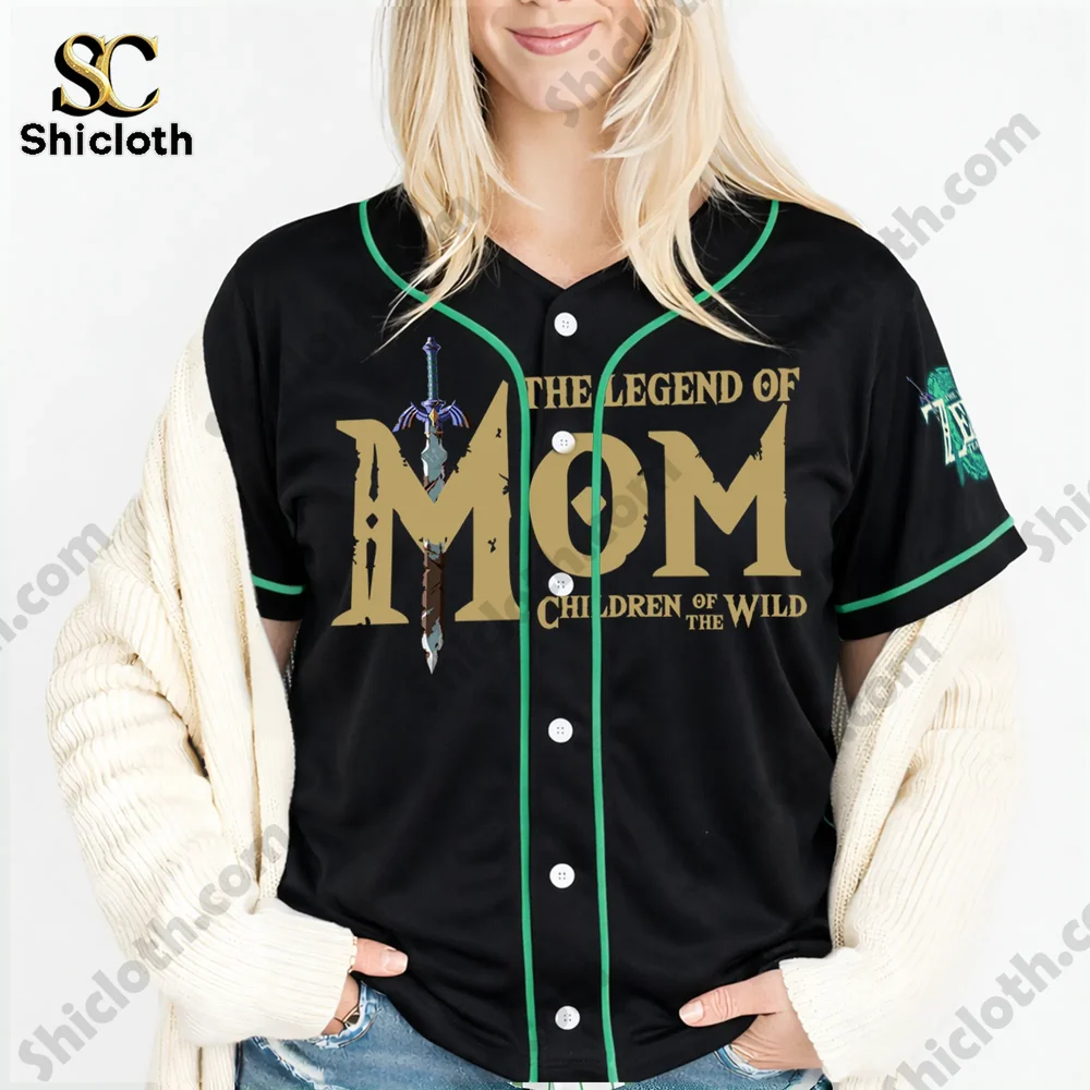 Baseball Legend of Zelda Jersey Best Mom Ever Happy Mother's Day 2026 4 Front view of a black baseball jersey with green trim showing The Legend of Mom text and sword graphic.