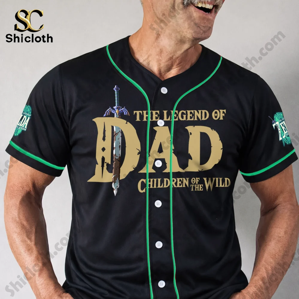 Baseball Legend of Zelda Jersey Best Mom Ever Happy Mother's Day 2026 5 Front view of a black baseball jersey with green trim showing The Legend of Dad text and sword graphic.