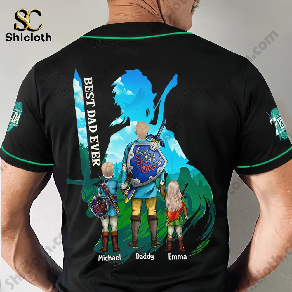 Baseball Legend of Zelda Jersey Best Mom Ever Happy Mother's Day 2026 6 Back view of a black baseball jersey showing Best Dad Ever fantasy family artwork with a dad and two kids and personalized names.