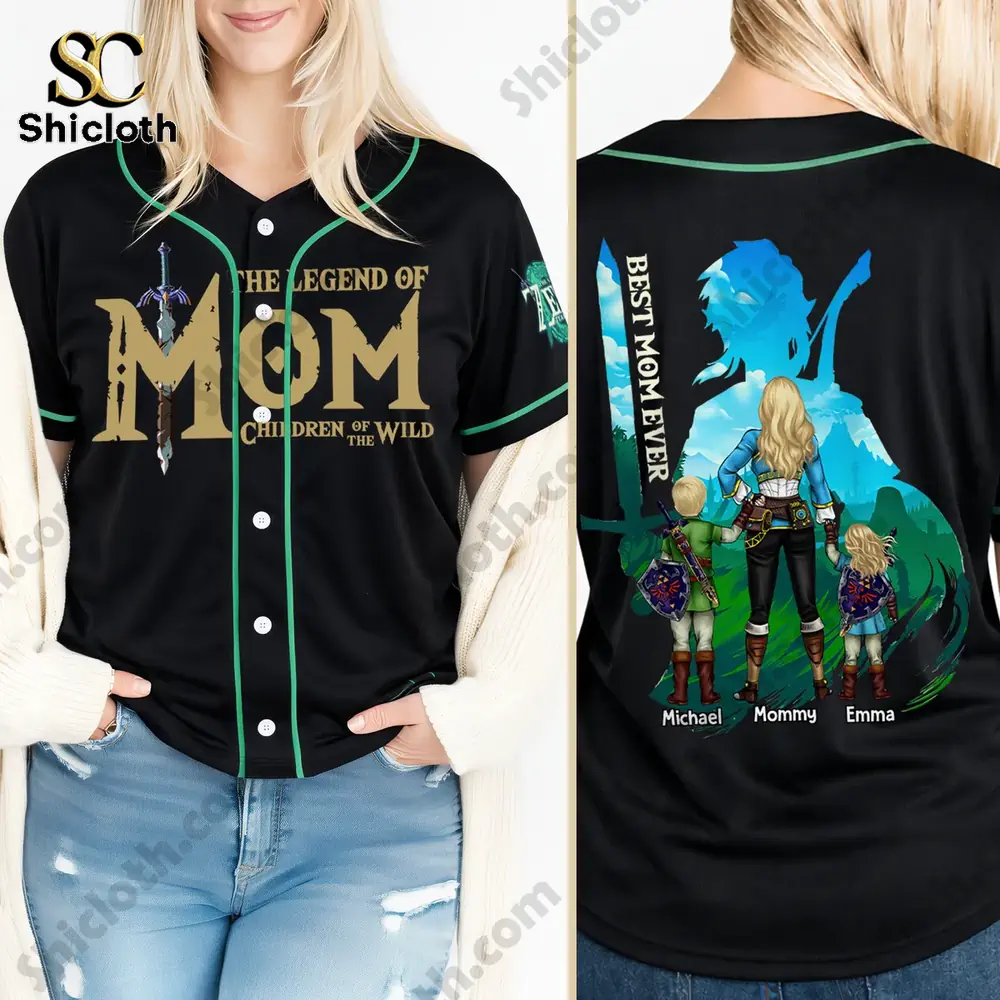Black baseball jersey with green trim showing The Legend of Mom text on the front and Best Mom Ever fantasy family artwork on the back.