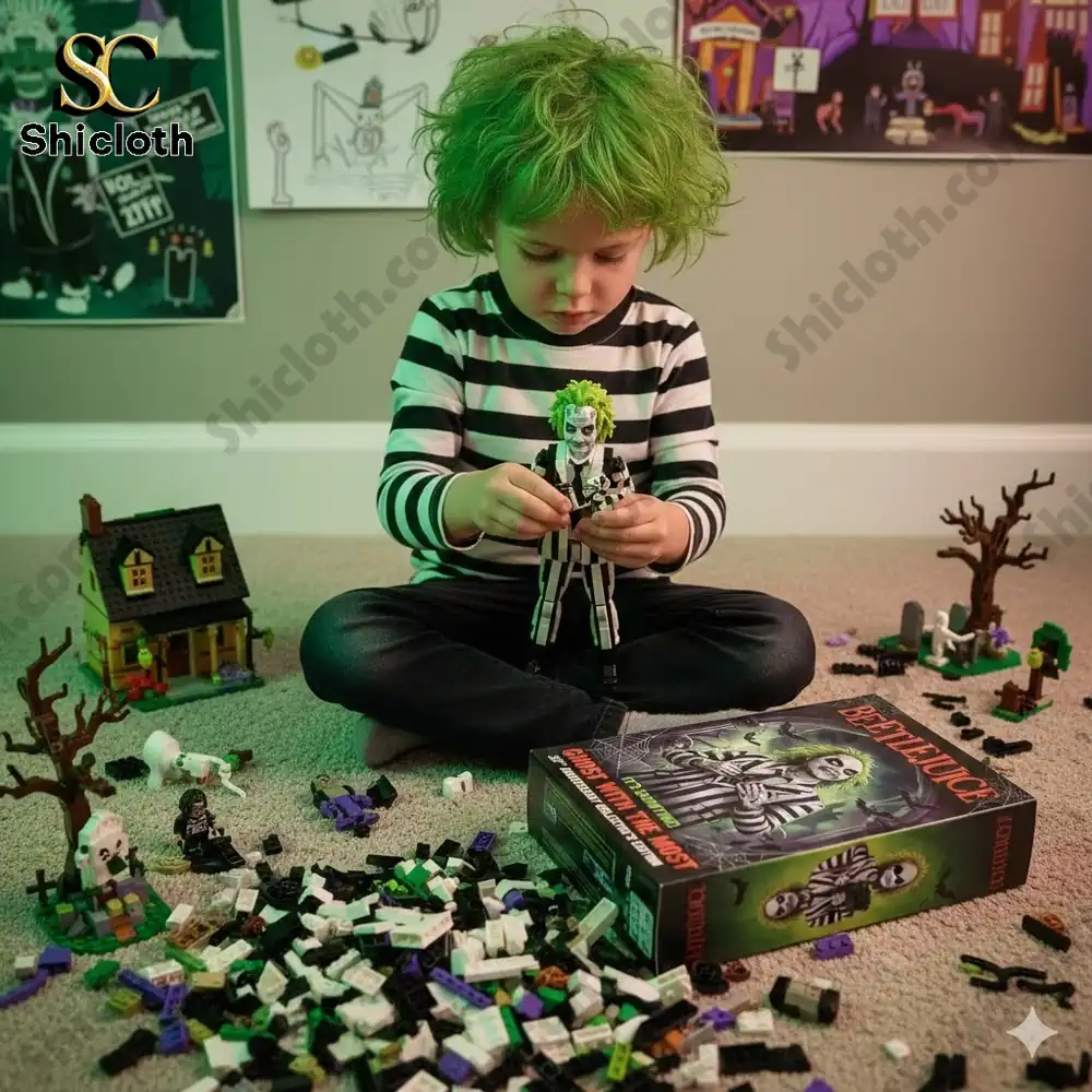 Child with green hair sitting on the floor building a Beetlejuice LEGO figure with scattered bricks and the Beetlejuice box nearby