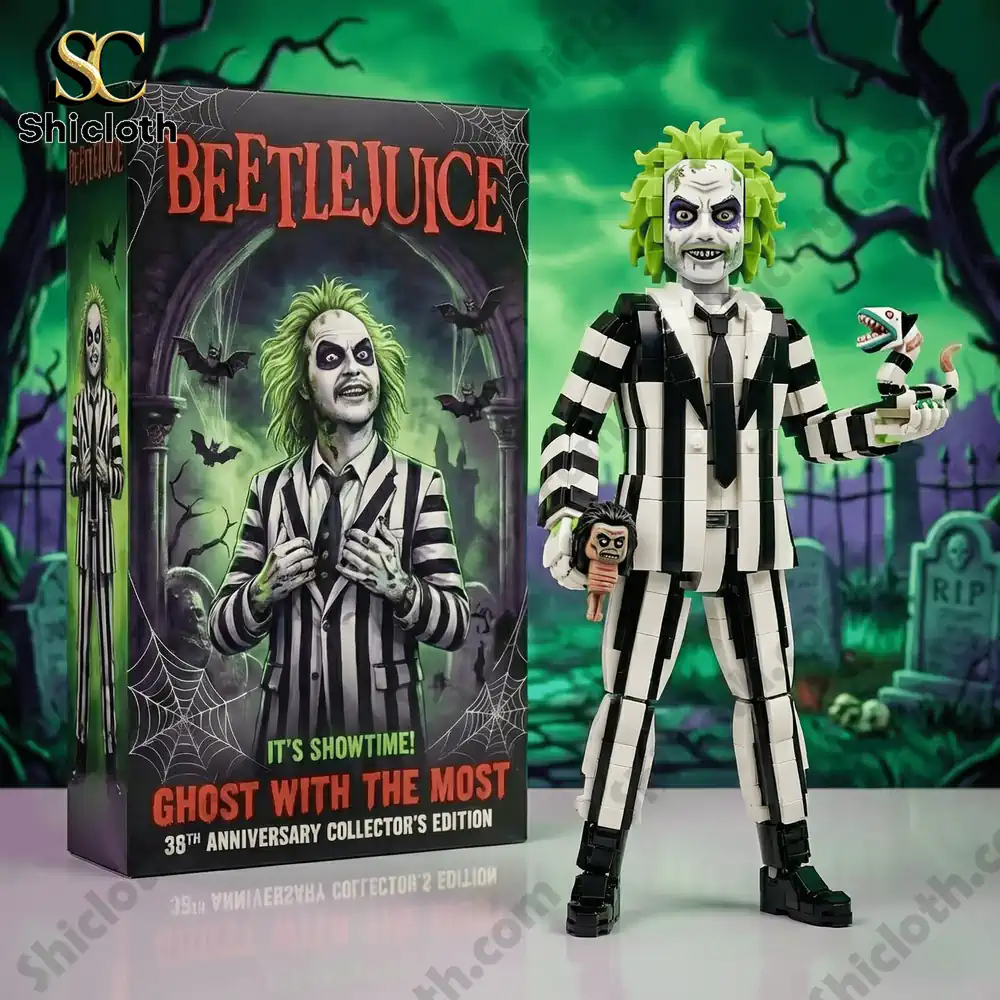 Beetlejuice LEGO figure standing next to the Beetlejuice collector edition box with a spooky green background