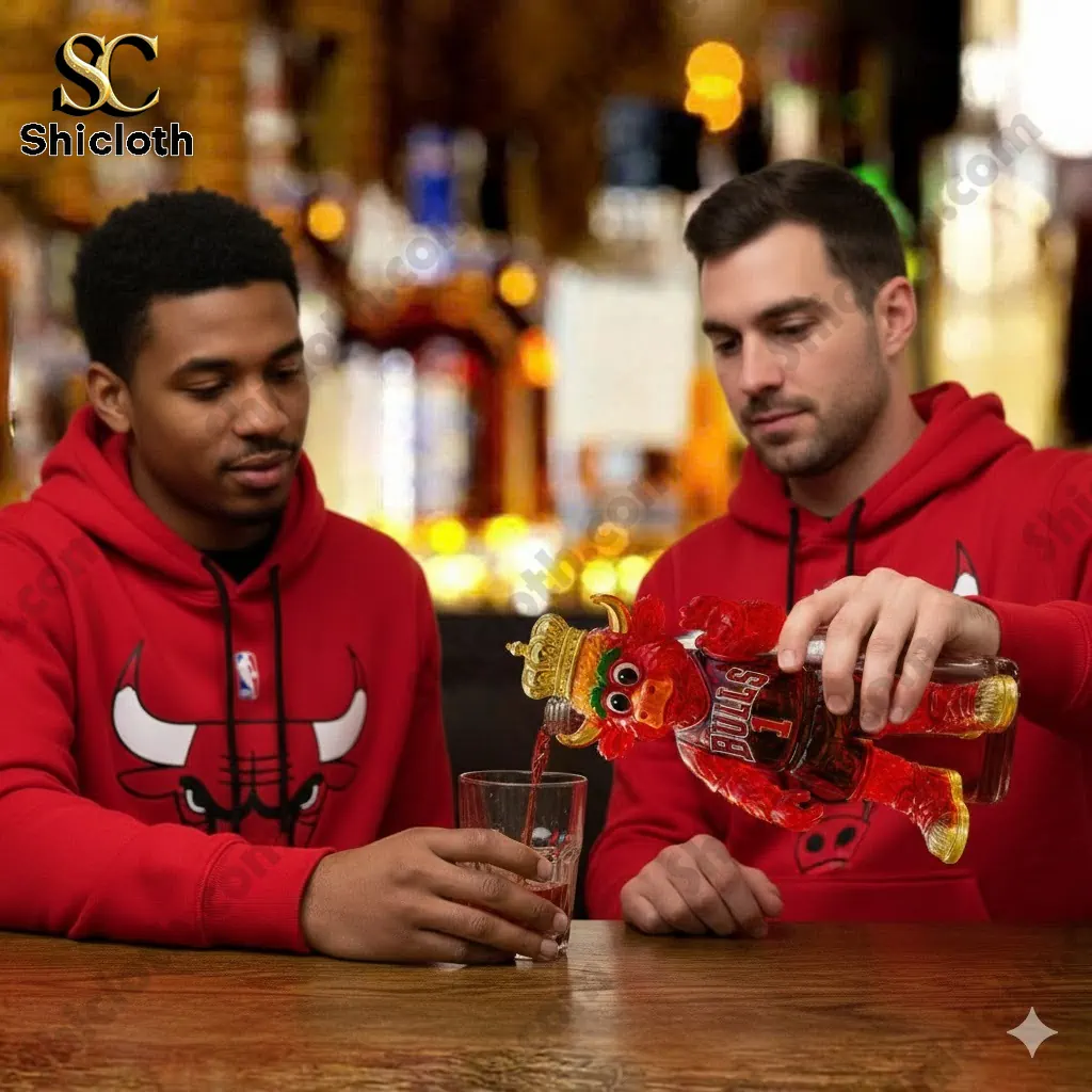 Two men in red Chicago Bulls hoodies pouring whiskey from a bull mascot bottle into a glass