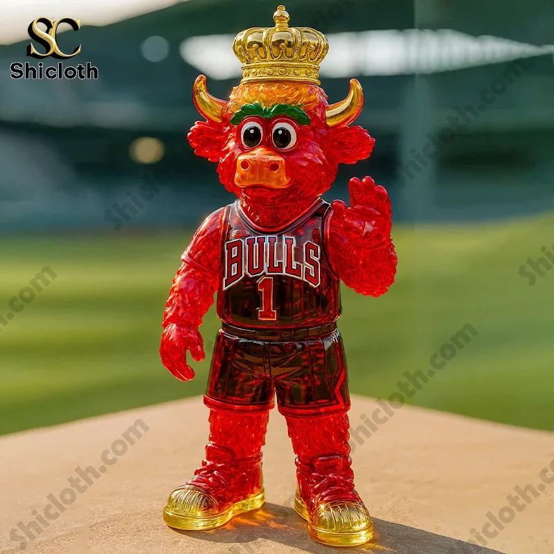 Red bull mascot figure wearing Chicago Bulls jersey and golden crown standing outdoors