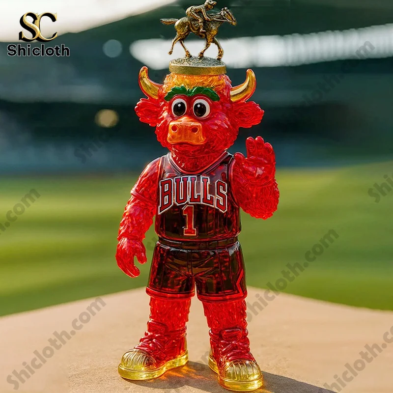Benny the Bull Whiskey Bottle 4 Red bull mascot figure in Chicago Bulls jersey with small horse rider statue on top