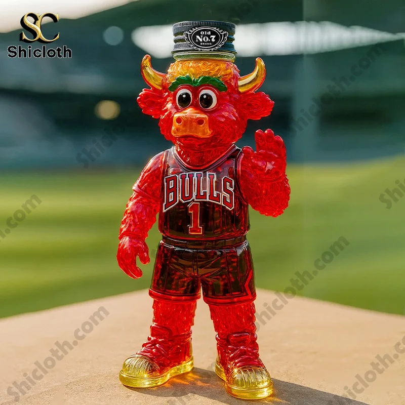 Benny the Bull Whiskey Bottle 5 Red bull mascot figure in Chicago Bulls jersey wearing a No7 bottle cap