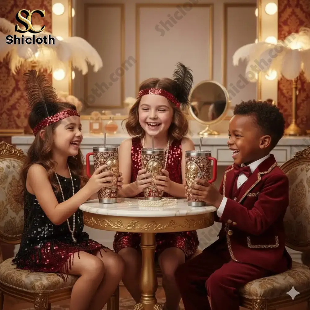 Three children dressed in vintage outfits holding Betty Boop Yeti tumblers and smiling!