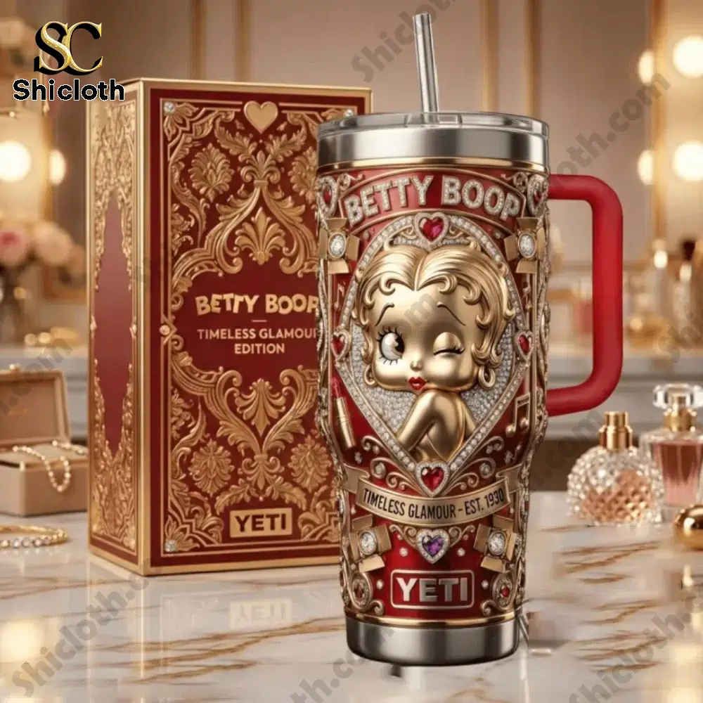 Betty Boop Yeti tumbler with luxury gift box on vanity table!