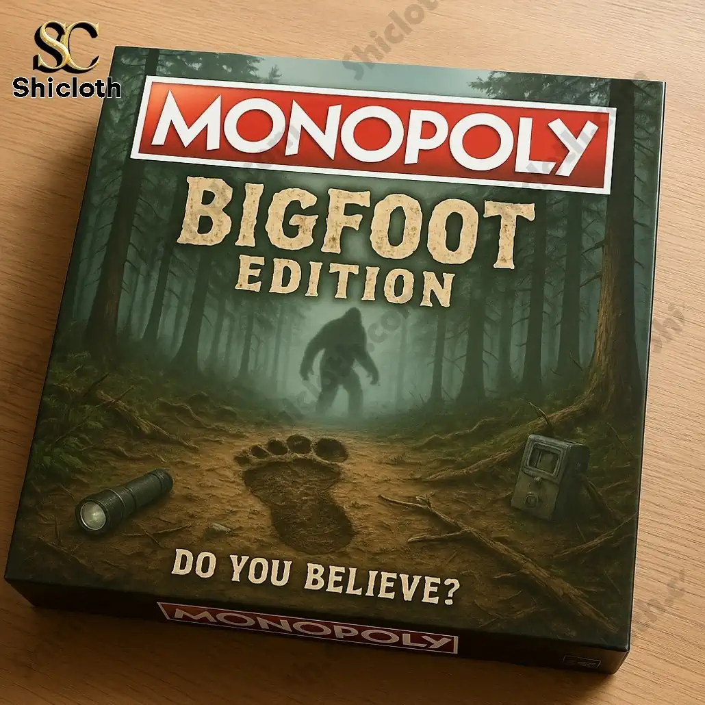 Monopoly Bigfoot Edition game box with forest design and Bigfoot footprint artwork