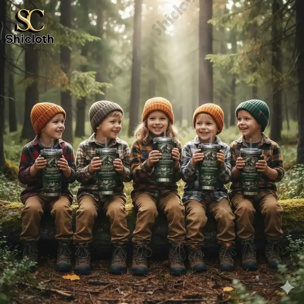 Children sitting on a log in a forest holding Bigfoot themed tumblers!