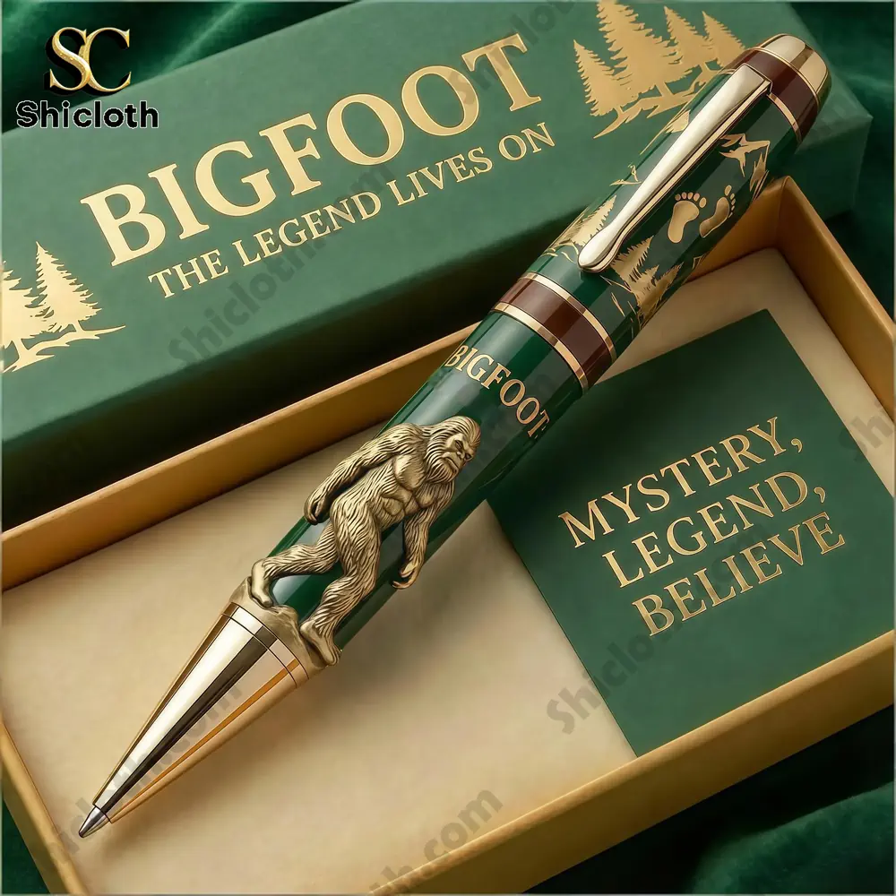 Bigfoot The Legend Lives On Commemorative Pen 3 Close view of detailed Bigfoot themed pen inside gift packaging!