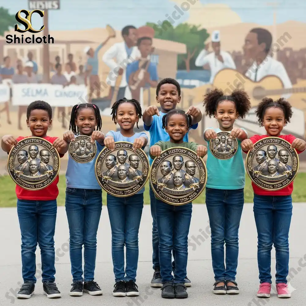 Children holding Black History Month medals outdoors celebrating heritage!