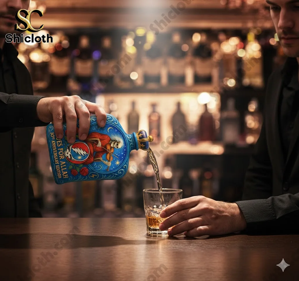 Man pouring drink from Blues For Allah anniversary bottle at bar!