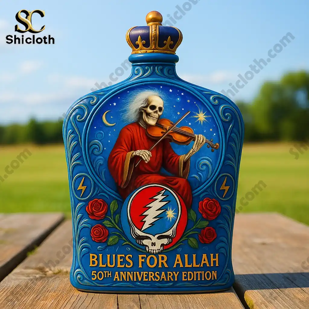 Close up of Blues For Allah anniversary bottle on wooden table outdoors!