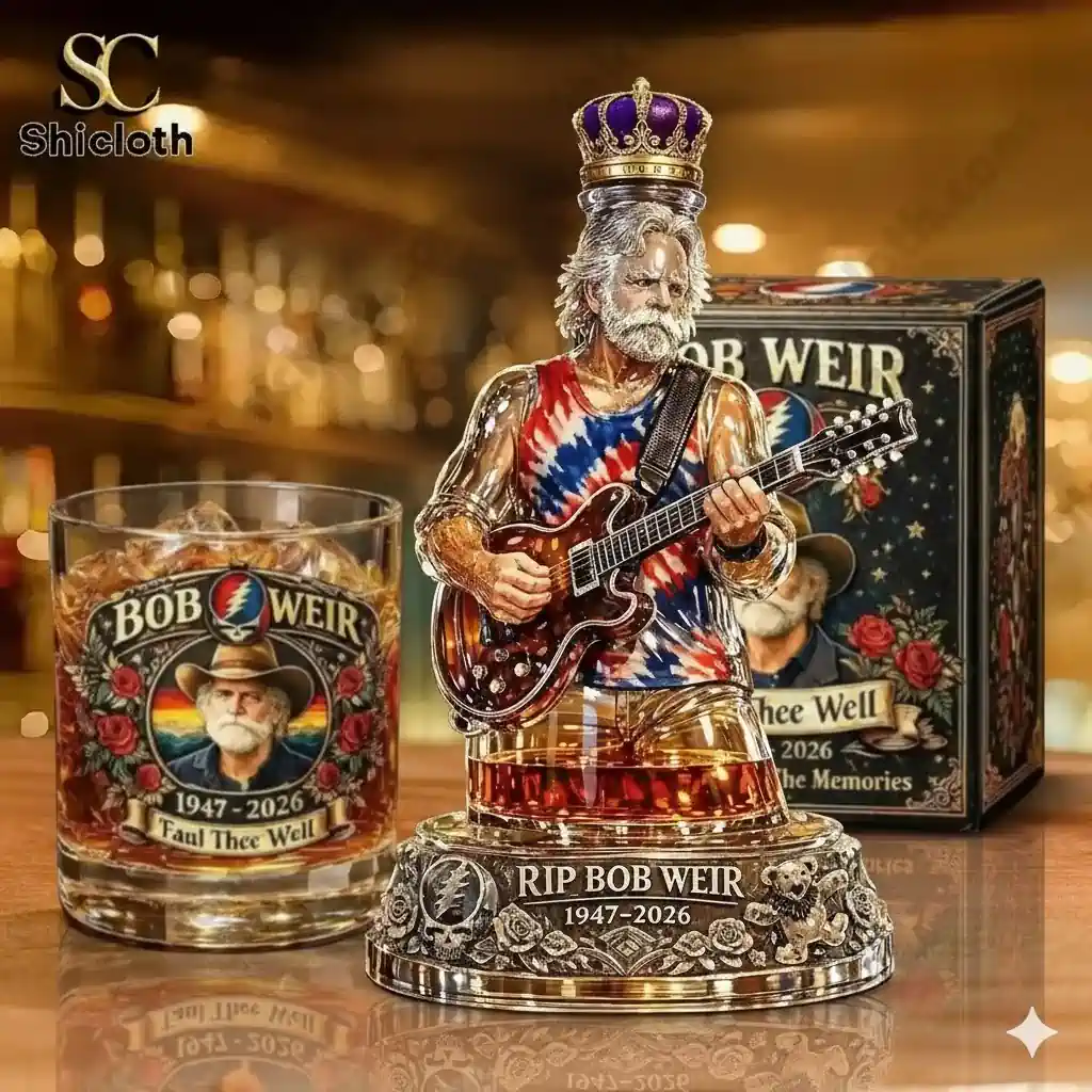 Bob Weir memorial whiskey bottle and glass set with guitar figure and crown in bar scene!