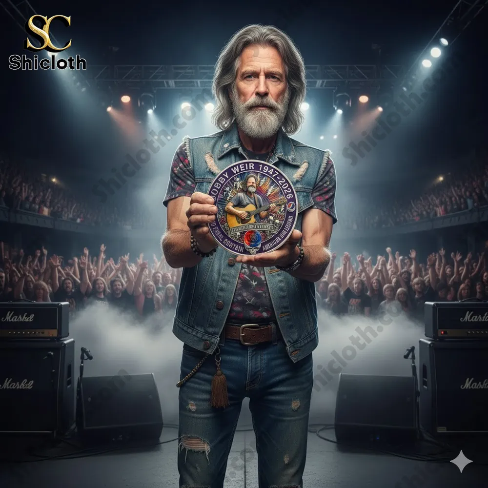 Man on concert stage holding a Bobby Weir commemorative coin with cheering crowd behind.