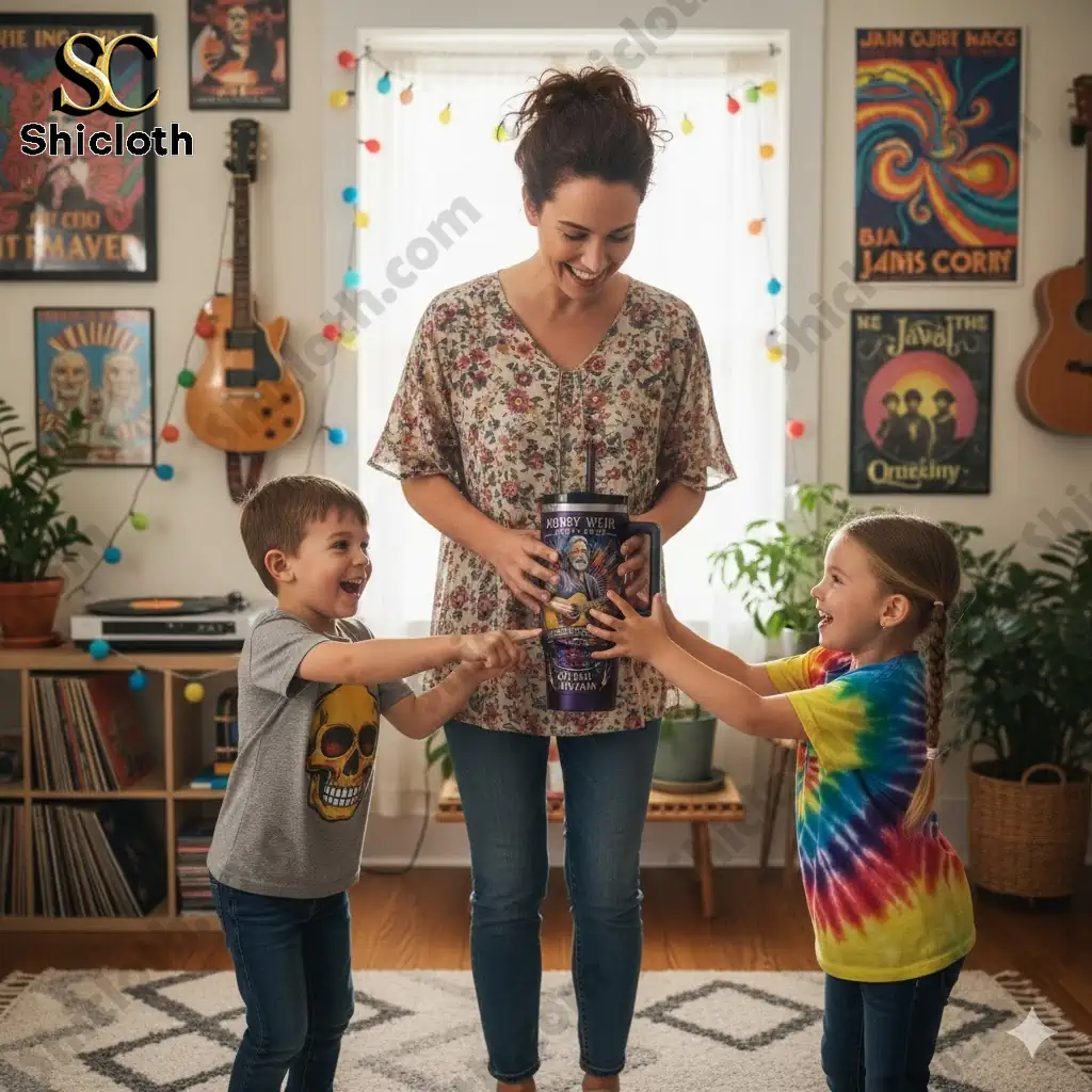 Mother with two children holding Bobby Weir memorial handle tumbler in cozy music themed living room