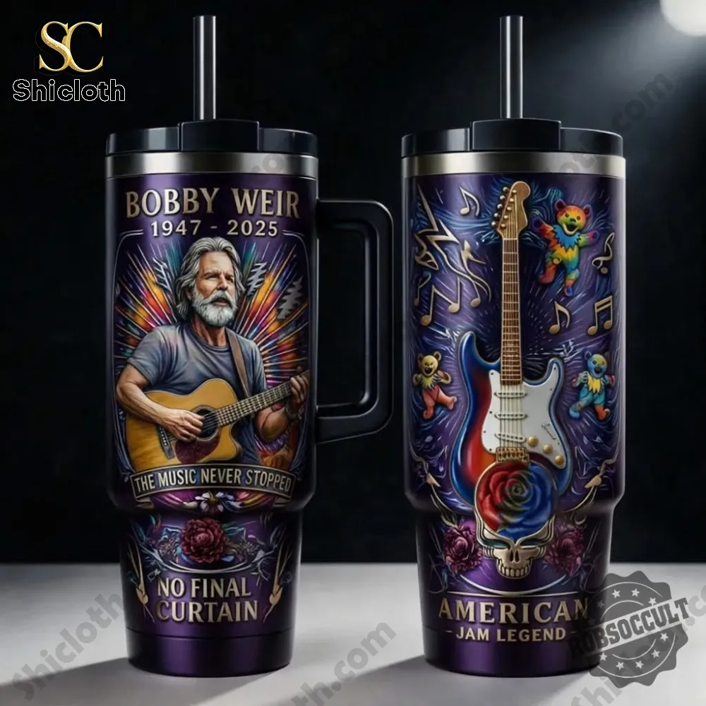 Close up of Shicloth Bobby Weir memorial handle tumbler with detailed double sided artwork design
