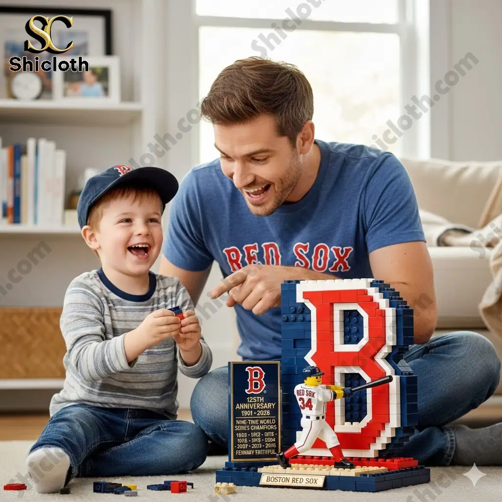 Father and son building a Boston Red Sox brick display set at home!