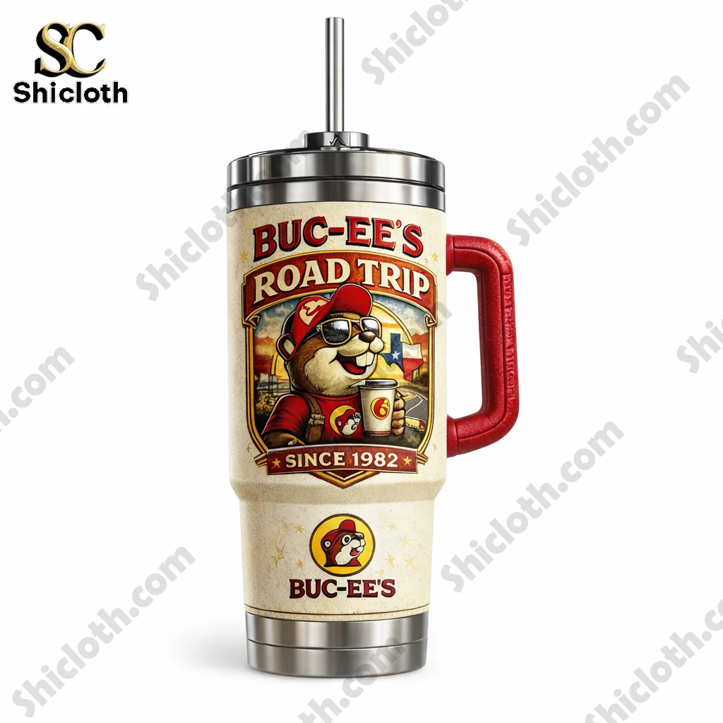 Buc-ee's Road Trip Commemorative Edition Tumbler Cup 3 Buc ees Road Trip tumbler cup with red handle and metal straw detail!