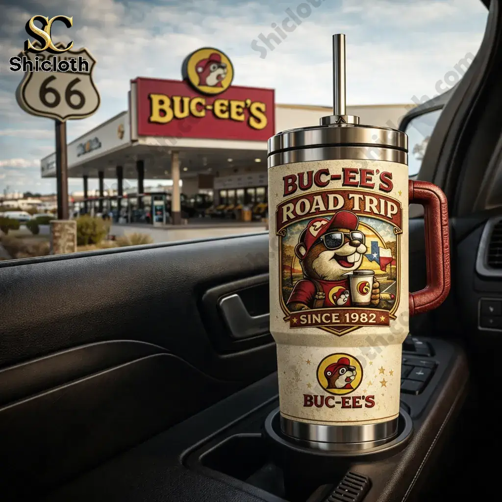 Buc-ee's Road Trip Commemorative Edition Tumbler Cup 5 Buc ees Road Trip tumbler cup placed inside a car near Buc ees store on Route 66!
