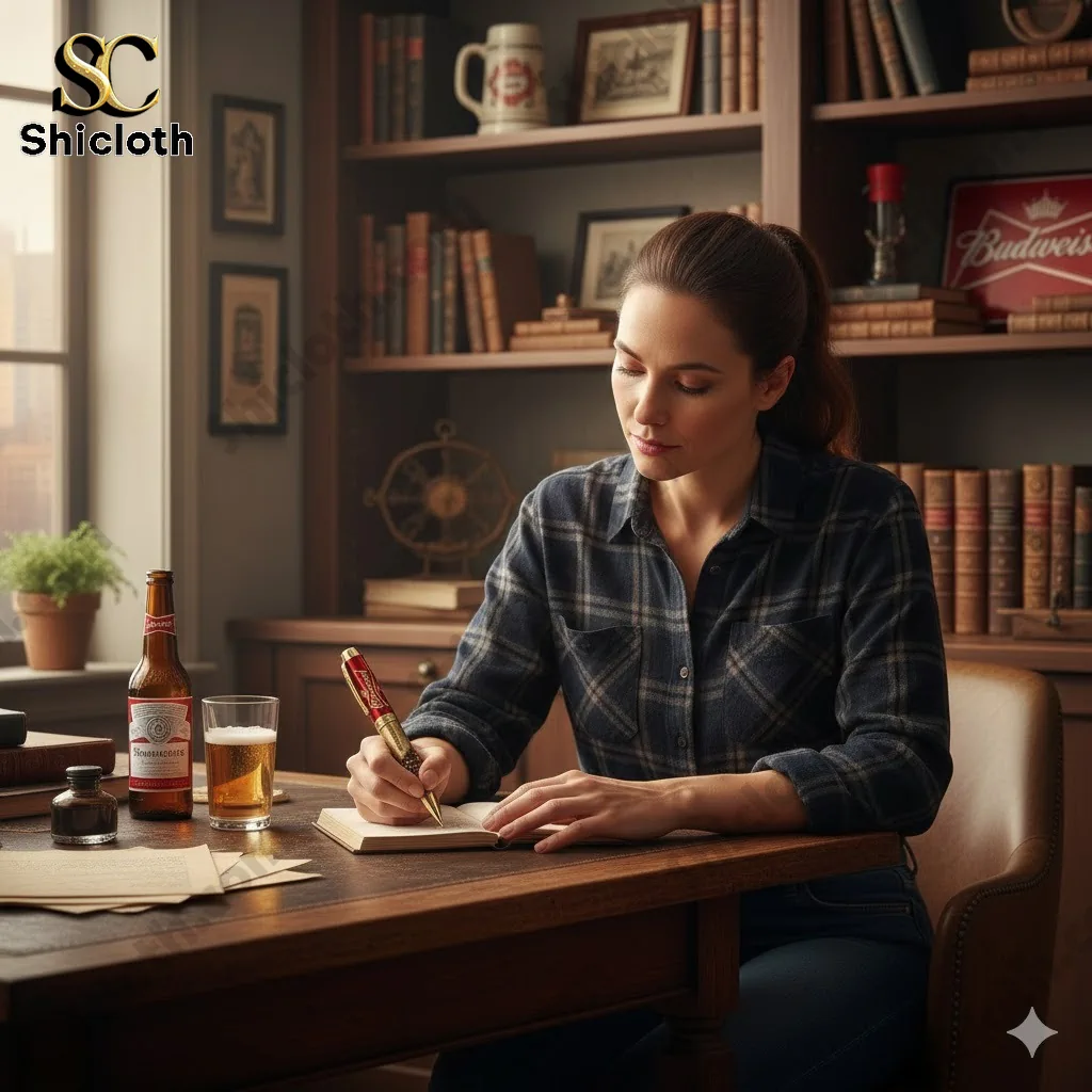 Woman writing with Budweiser anniversary pen at wooden desk with beer glass